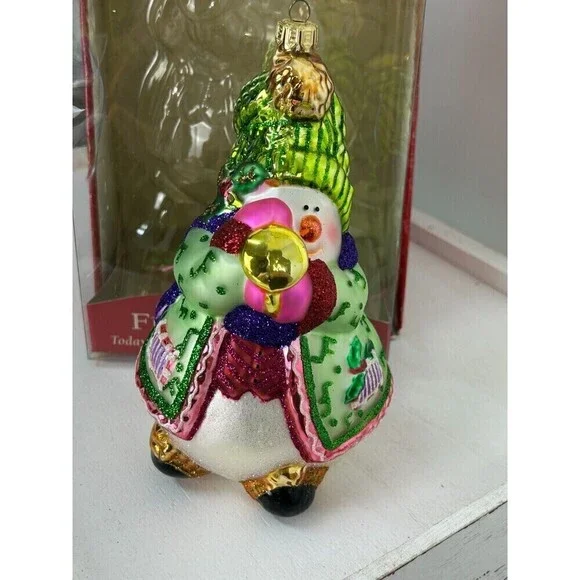 Vintage Fitz And Floyd Large 7 Inch Glass Christmas Ornament Snowman Horn Rck - Picture 4 of 11
